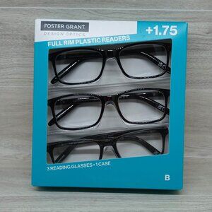 Foster Grant Full Rim Reading Glasses 3-Pack w/ Case +1.75 | Unisex